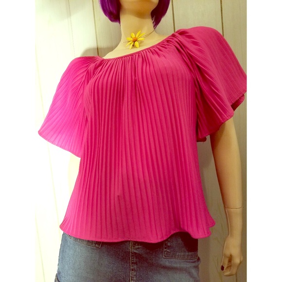 VTG 70s BOHO DISCO Pink Pleated Angel Sleeve Top NWT - Picture 4 of 8